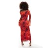 ASOS DESIGN cowl front mesh maxi dress with flare sleeve in red floral smudge print